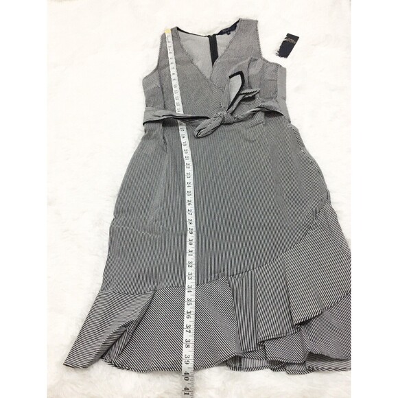 Rachel Roy Dress Navy Blue Striped Faux-Wrap Size 12 Ruffle Waist Tie Sleeveles - Picture 9 of 9